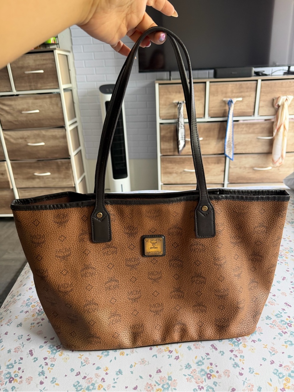 MCM Cognac Monogram Canvas Tote with Dark Brown Trim